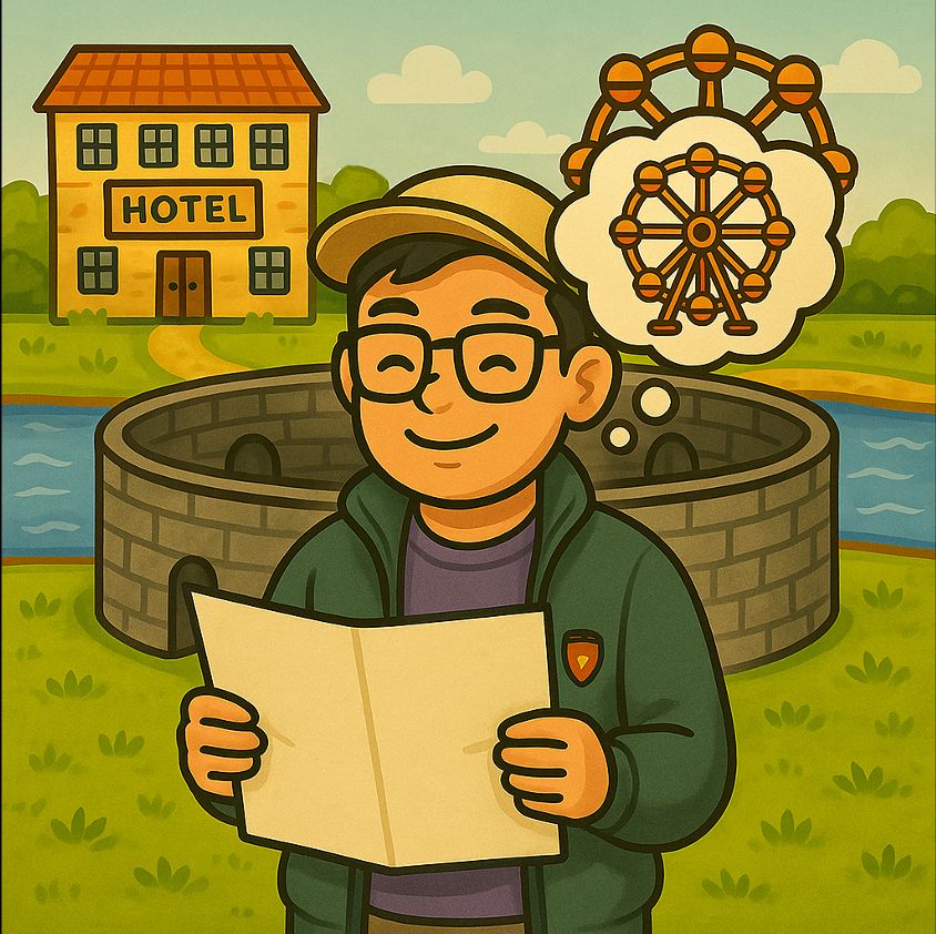 Cartoon image of me looking at a map, with a stadium behind me and a hotel and ferris wheel across the river in the background. I am thinking about going to the ferris wheel