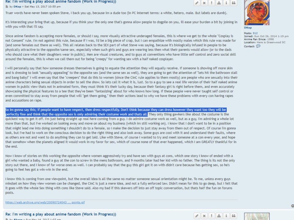 A screencap of a post Dustin/Dkop make on the OldschoolOtakuLounge forum, with the following sentence he typed highlighted: "So im gonna say this; if people want to have respect, then dress respectfully. Don't think because they can dress however they want too they will be perfectly fine and think that the opposite sex is only admiring their costume work and thats all."