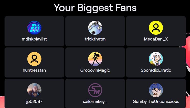 My "biggest Twitch fans", including folks like MDiskplaylist, SporadicErratic, and jp02587!