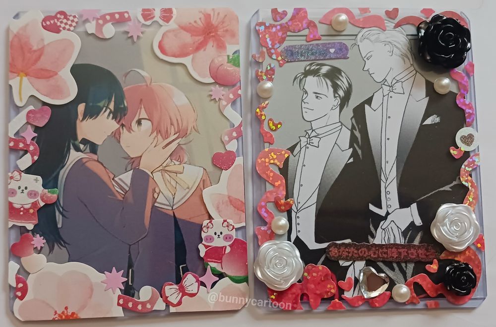 Deco cards of Yuu & Touko (Bloom into you), and Eiji & Ash (Banana Fish).