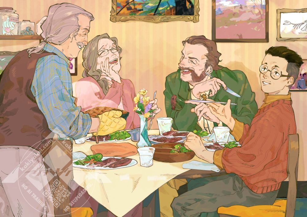 ゲーム『Disco Elysium』のファンアート。全体の色調はオレンジ系。食卓を囲むキャラクターたちが描かれている。中央奥で主人公とレナが大口を開けて笑い合っており、画面左手前には焼きたてのパイをテーブルに載せようとしながら笑っているモレルがいる。画面右手前ではキムがモレルの方を見て微笑んでいる。食卓には各自の皿に取り分けられた肉料理と葉野菜のサラダ、グラス、花の生けられた花瓶などが並んでいる。奥の壁には生物標本の瓶や写真が並んでおり、中央にはキムが撮った写真が引き延ばされ、一際豪華な額に入れられている。