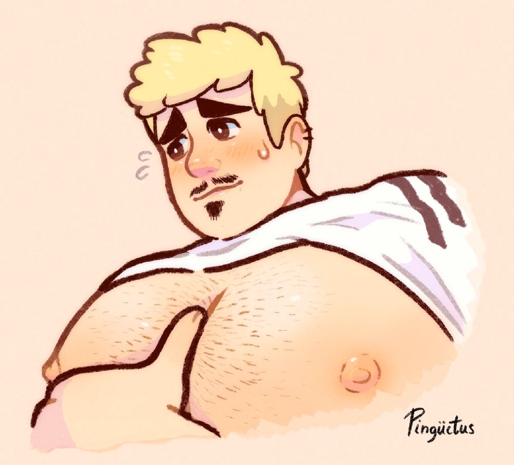 Es Edu, un personaje mío agarrándose un pectoral mientras está un poco avergonzado