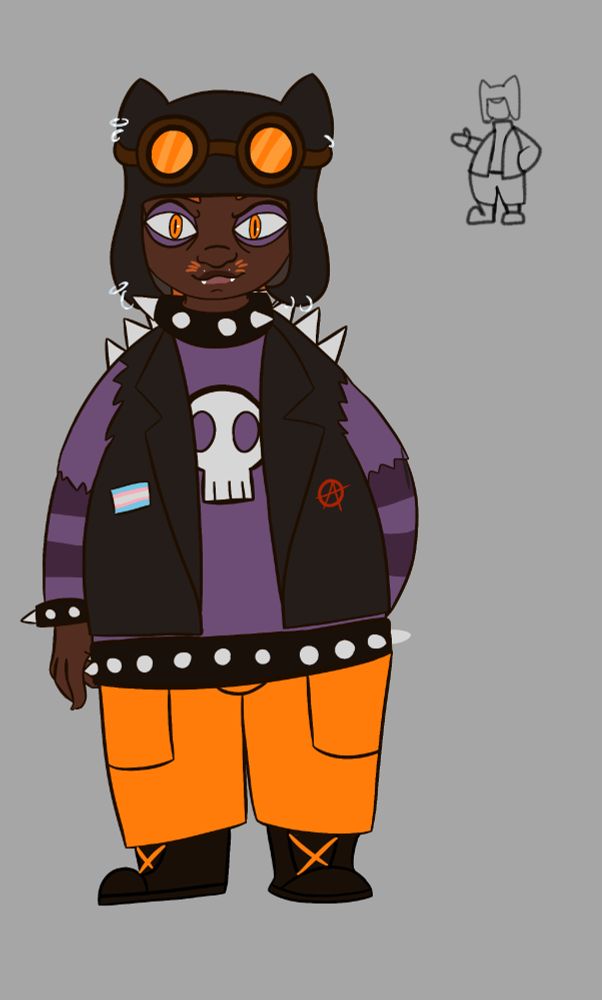 Reference of short fat black butch with a black cat hat and punk attire 