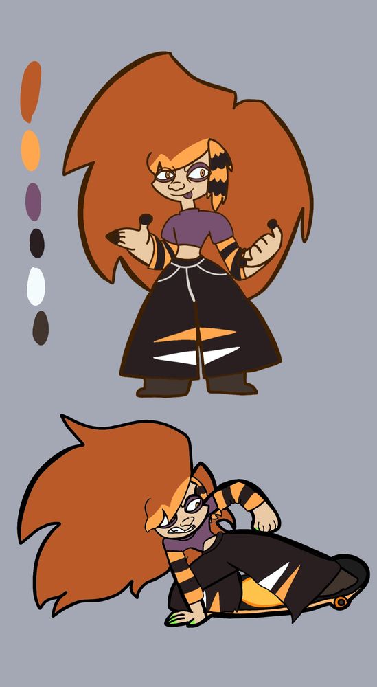 Living doll wearing purple shirt. He has orange and black raccoon hair extension and orange and black striped arm warmers. He's wearing a purple crop top with black phat pants and grey shoes. On the picture below, he's sliding on a skateboard