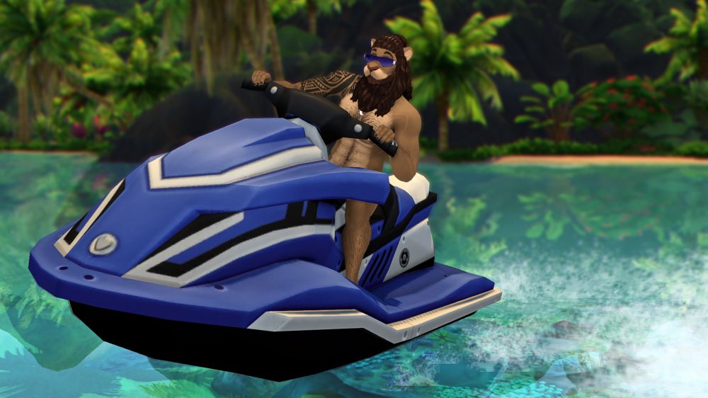Kelani, sporting some sunglasses and a speedo, riding on a jet ski along the coast.