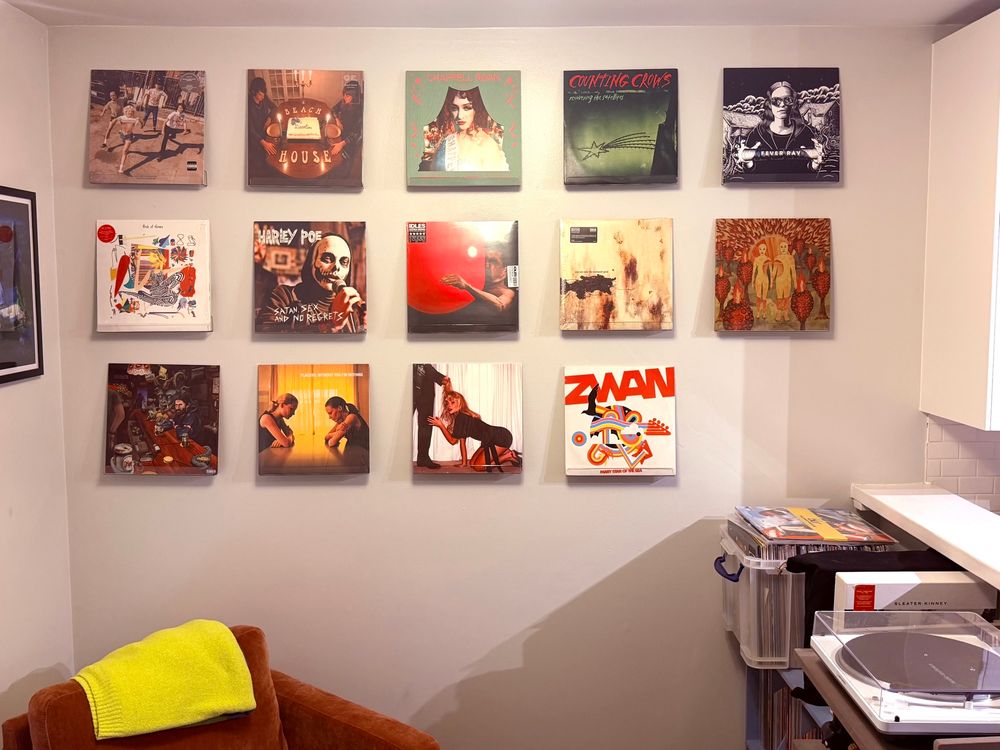 A wall of records by Amyl and the Sniffers, Beach House, Chappell Roan, Counting Crows, Fever Ray, Flock of Dimes, Harley Poe, Idles, Nine Inch Nails, Of Montréal, Petey, Placebo, Sabrina Carpenter and Zwan.