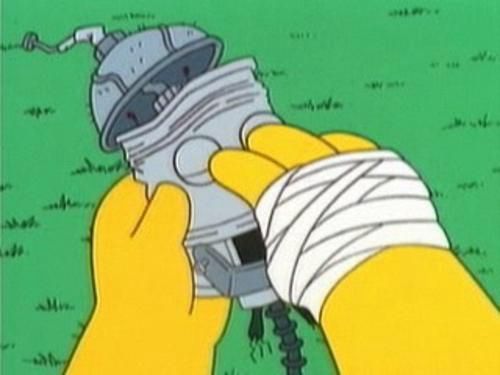 Homer Simpson closing Linguo’s eyes. “Linguo dead?” “Linguo is dead.” 
