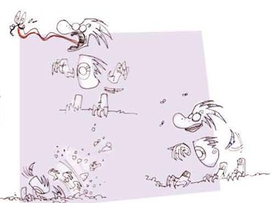 concept art of the hedgehog powerup from the cancelled original prototype of rayman 4, which is spikier, features no pupils and has sharp teeth, claws and a tail. he is pictured here catching a mosquito with a chameleon-esque tongue (top left), digging/burrowing into the ground (bottom left), and wagging his tail while crouching, clearly eyeing some flies to devour~ (bottom right)