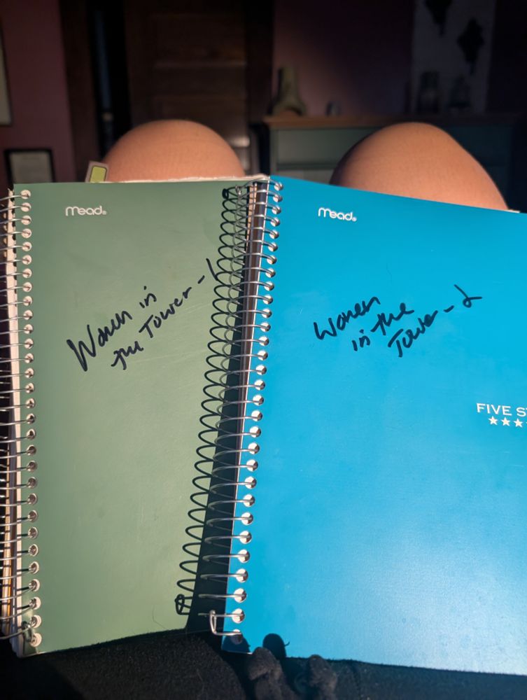 Green notebook left, blue notebook right. 