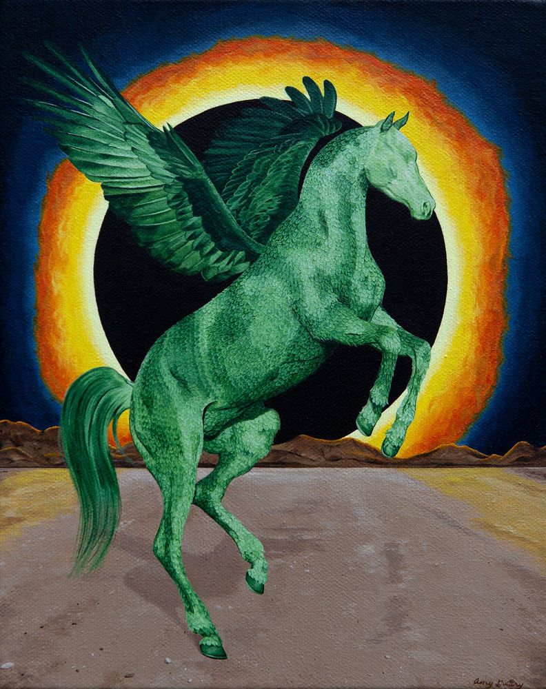 Acrylic painting of a pegasus covered in green feathers, including their face. A large fiery eclipse and desert mountains are in the background.