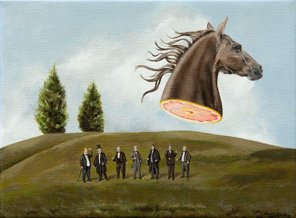 Acrylic painting of a floating giant horse head with a grapefruit underside. Below the horse is a green field with a gathering of elderly white men dressed in suits.