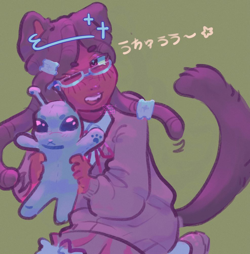 kemonomimi holding green alien-like stuffed animal. 