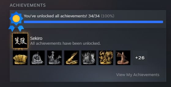 Print das minhas conquistas de Sekiro, para mostrar que peguei todas.