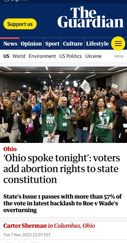 Us celebrating the passage of OH’s Reproductive Freedom amendment in 2023 with the headline “Ohio spoke tonight: voters add abortion rights to state constitution” 