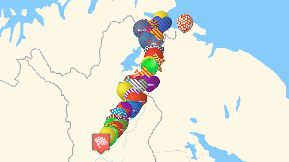 A virtual map of lots of different coloured balloons on a map of Lapland.