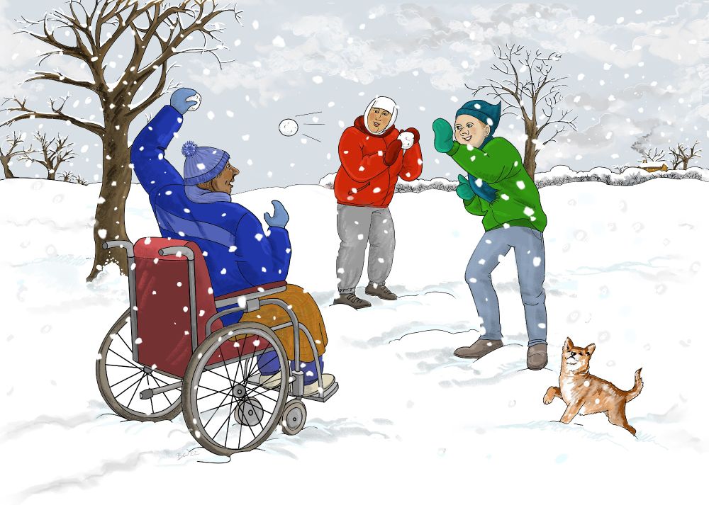 An illustrated image of a group of friends having a snowball fight on a snowy scene.