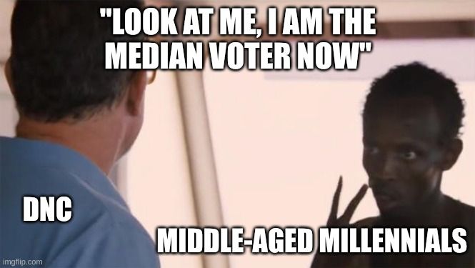 Somali pirate meme. Tom Hanks is the DNC. Somali pirate is middle-aged Millennials. Caption is 