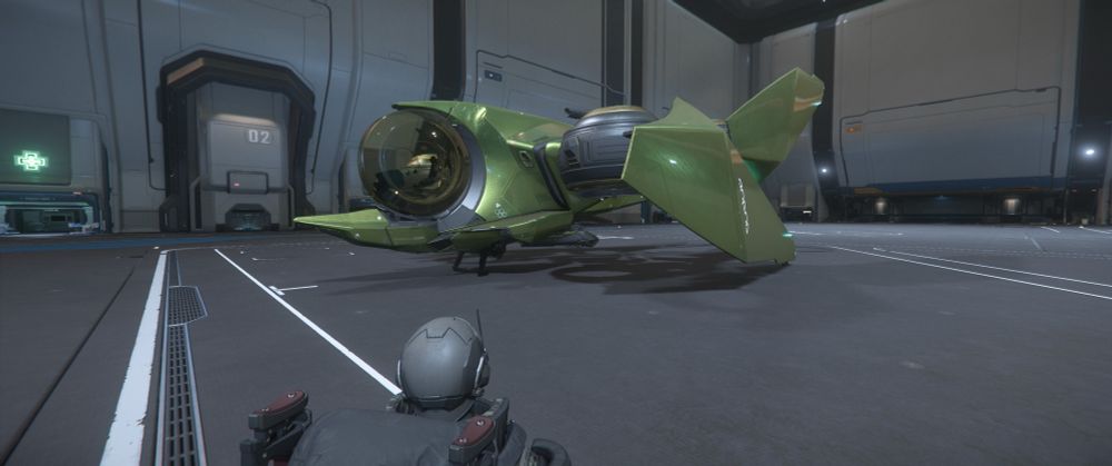 San’tok.Yai spacecraft landed in a hangar  from another angle. That glossy upchuck green paint needs to go. #StarCitizen