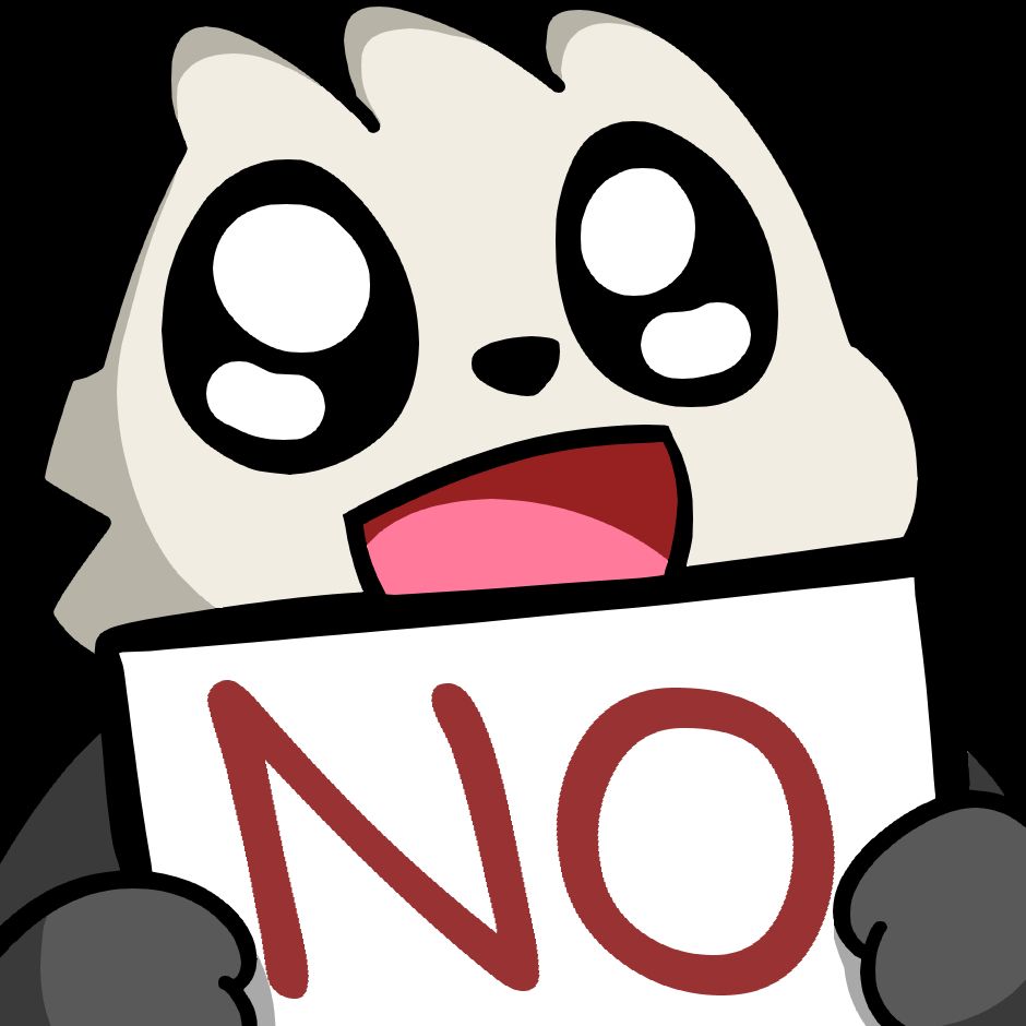 Admiral Bahroo's panda mascot Umeru happily holding up a sign that says "NO".