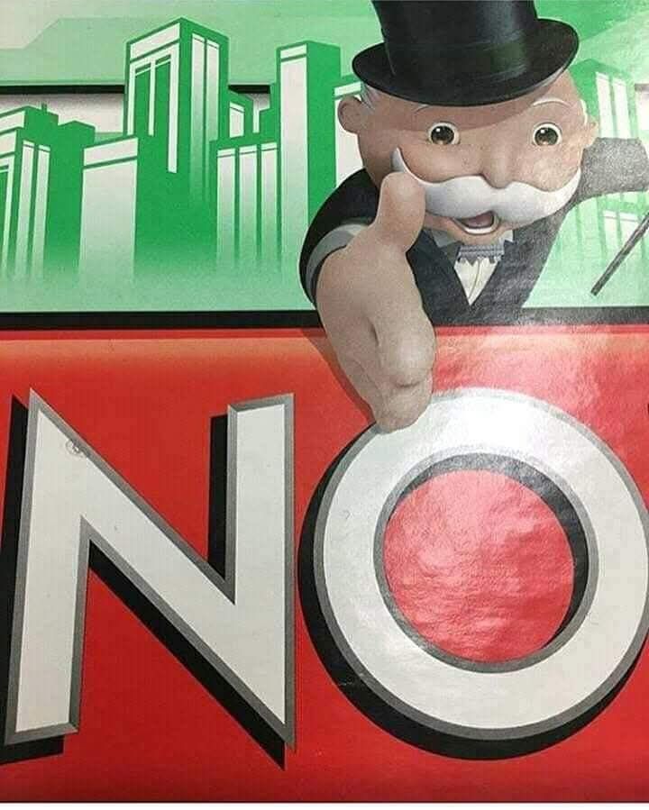 Rich Uncle Pennybags, now known as Mr. Monopoly, standing above the Monopoly logo cropped to just read "NO".