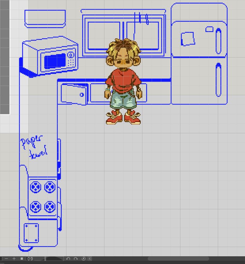 a screenshot of a canvas open in clip ctudio paint. it's cropped around a partially drawn rpgmaker map of a kitchen in pixel art, where j.j. (oc)'s sprite is standing.