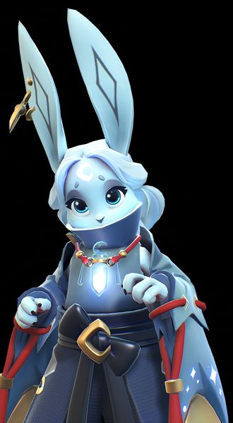Elluna, a character from the videogame Supervive, an anthropomorphic blue rabbit in starry robes with a collar that covers her mouth and a crescent moon on her forehead