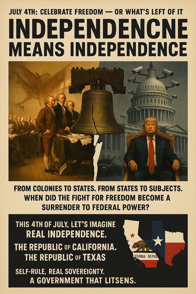 Happy 4th of July for those who identify as American! 🇺🇸 

Controversially, I think independence was a mistake. It should never have happened. Much good did it do in the end. The States are oppressed in their rights and taxed by the federal government. Their borders and international affairs are controlled by the same power. Where’s freedom in that? 

I wish Americans true freedom. Let’s start with California and Texas! 

* I know this GPT poster if full of typos, but this is the best I could do before it self censored itself and refused to do any edits.