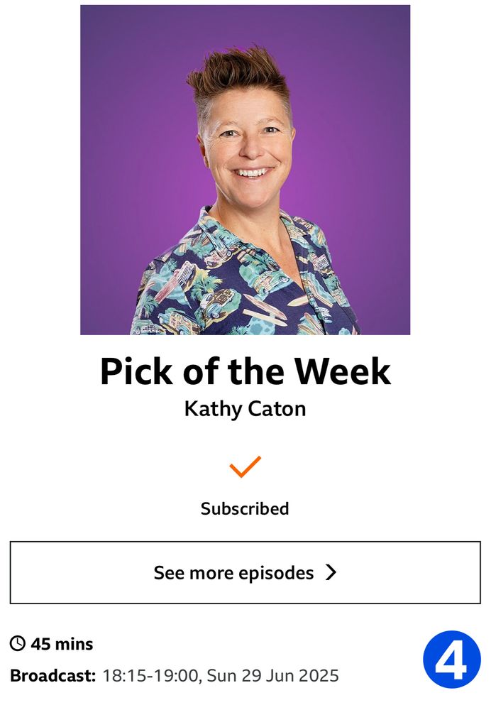 Image from BBC Sounds app. Image of presenter Kathy Caton with text “Pick of the Week, Kathy Caton” below. 
