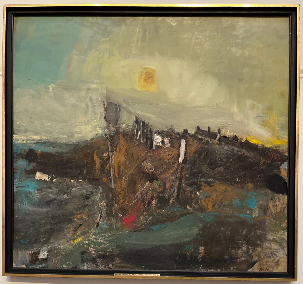 Oil painting depicting  washing on a line by a craggy windswept shoreline. Painted in the fishing village of Catterline in northeast Scotland. 
At Birmingham Museum & Art Gallery 