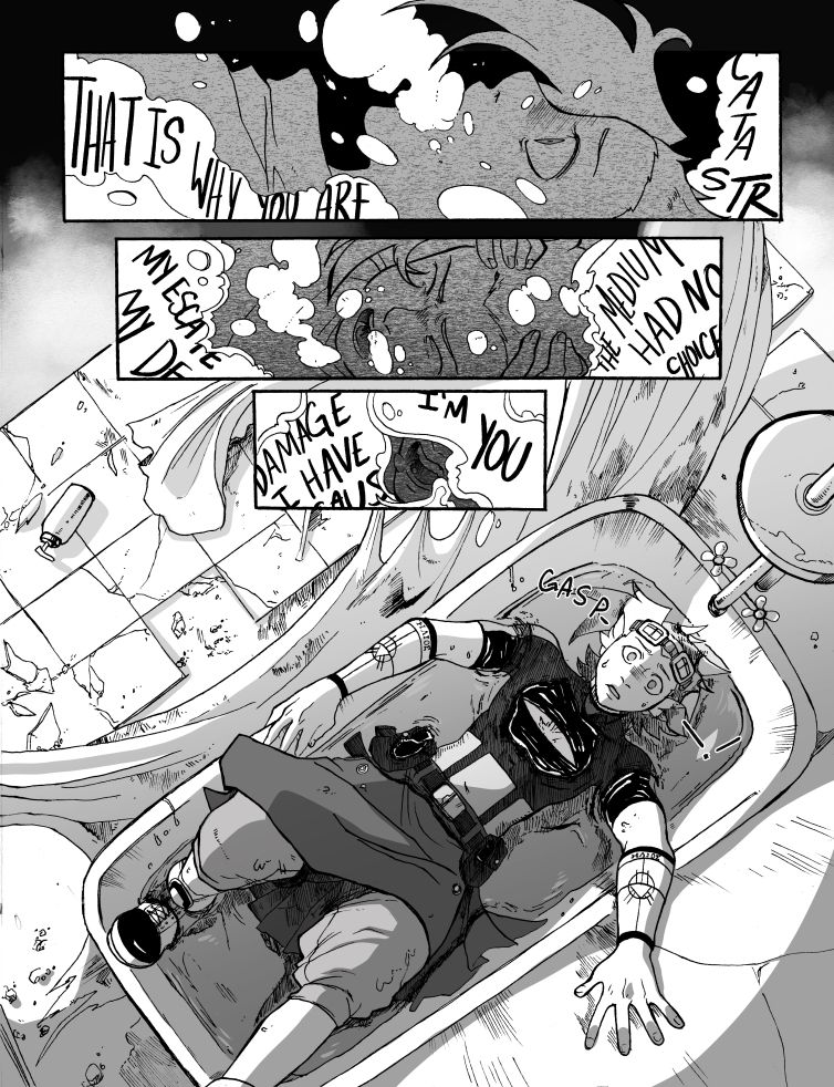 a comic spread page featuring a character in a bathtub