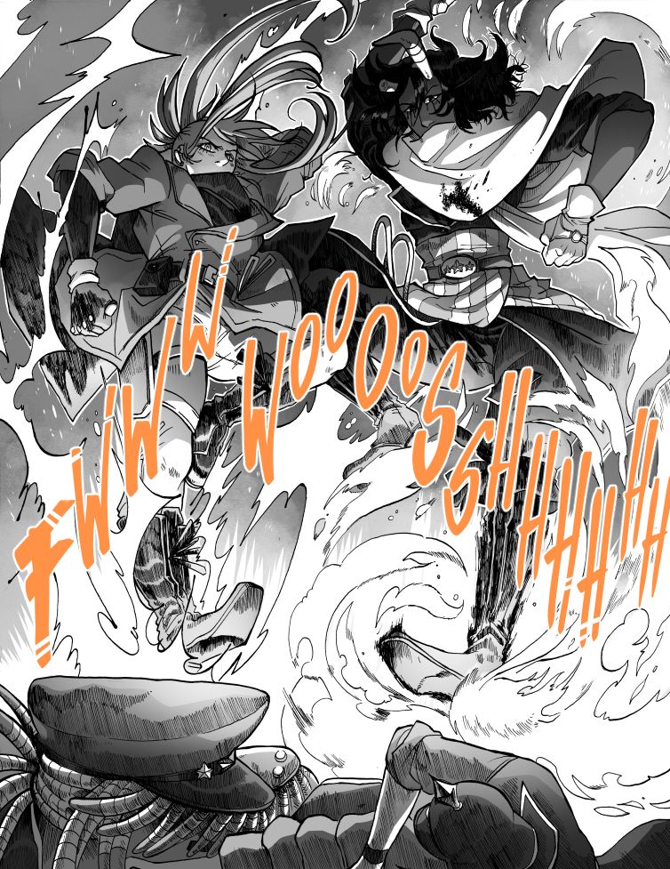 a comic page featuing two characters attacking with fierce abilities