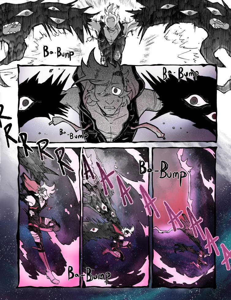 a comic page featuring a character tearing through the universe