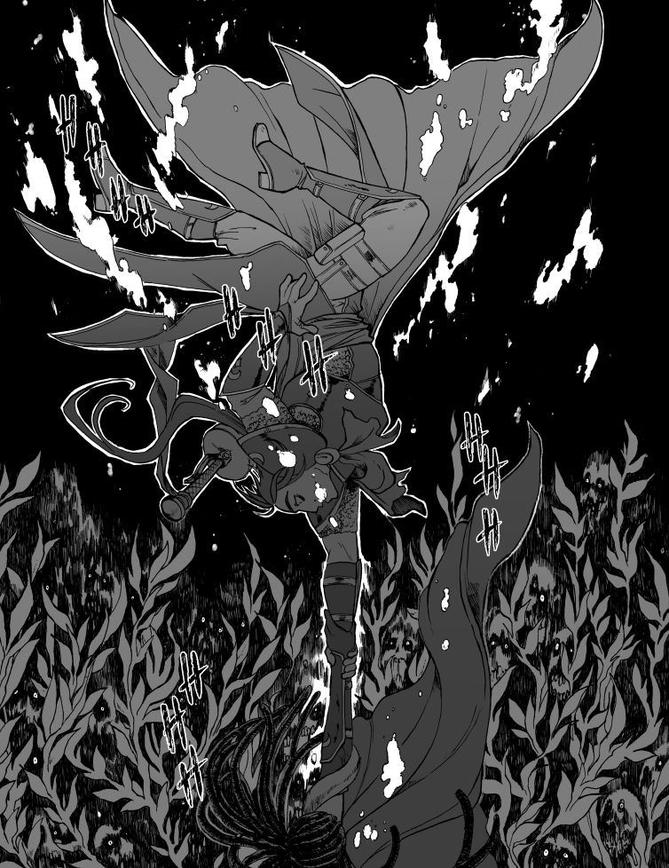 a comic page featuing two characters under water as spooky eyes look upon them