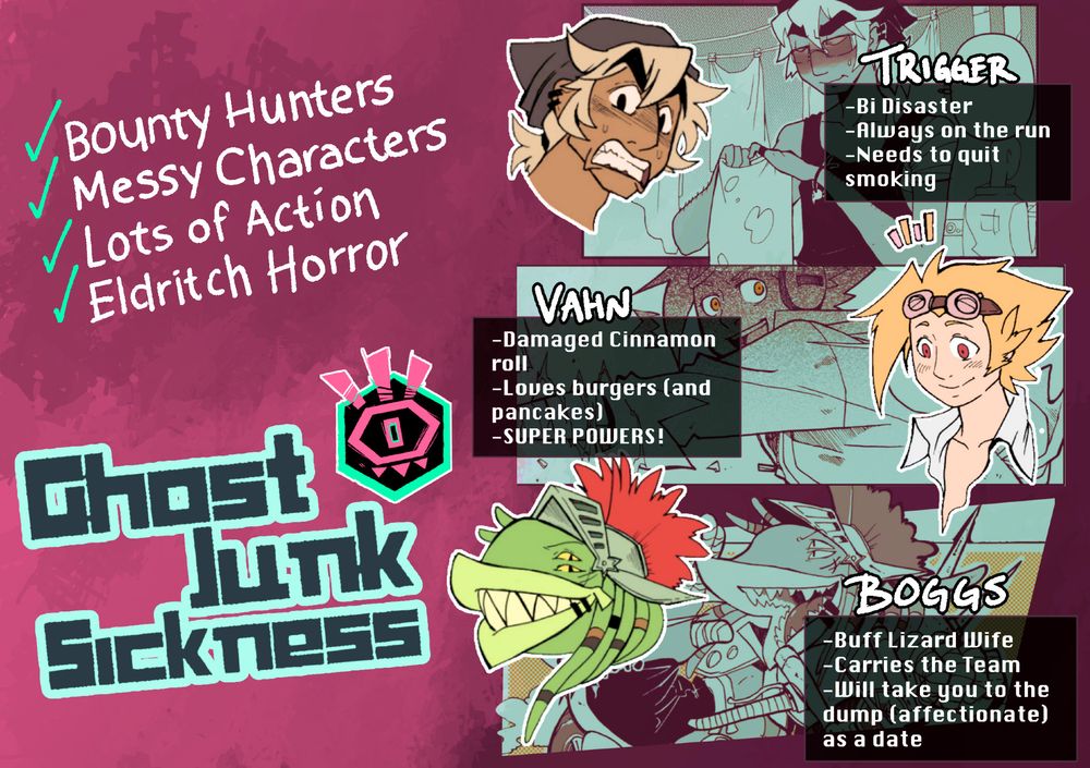 a graphic featuring descriptons on the main three characters from the comic Ghost Junk Sickness