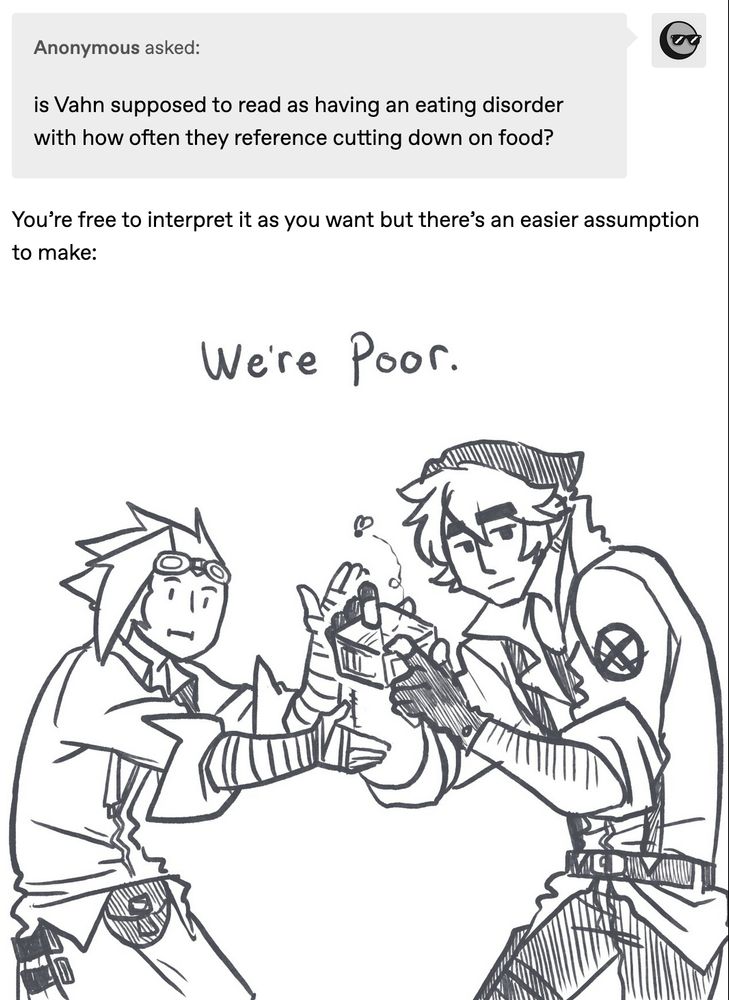 a screen shot of a tumblr ask, questioning two characters situations- a drawing is included in response of two characters with no money