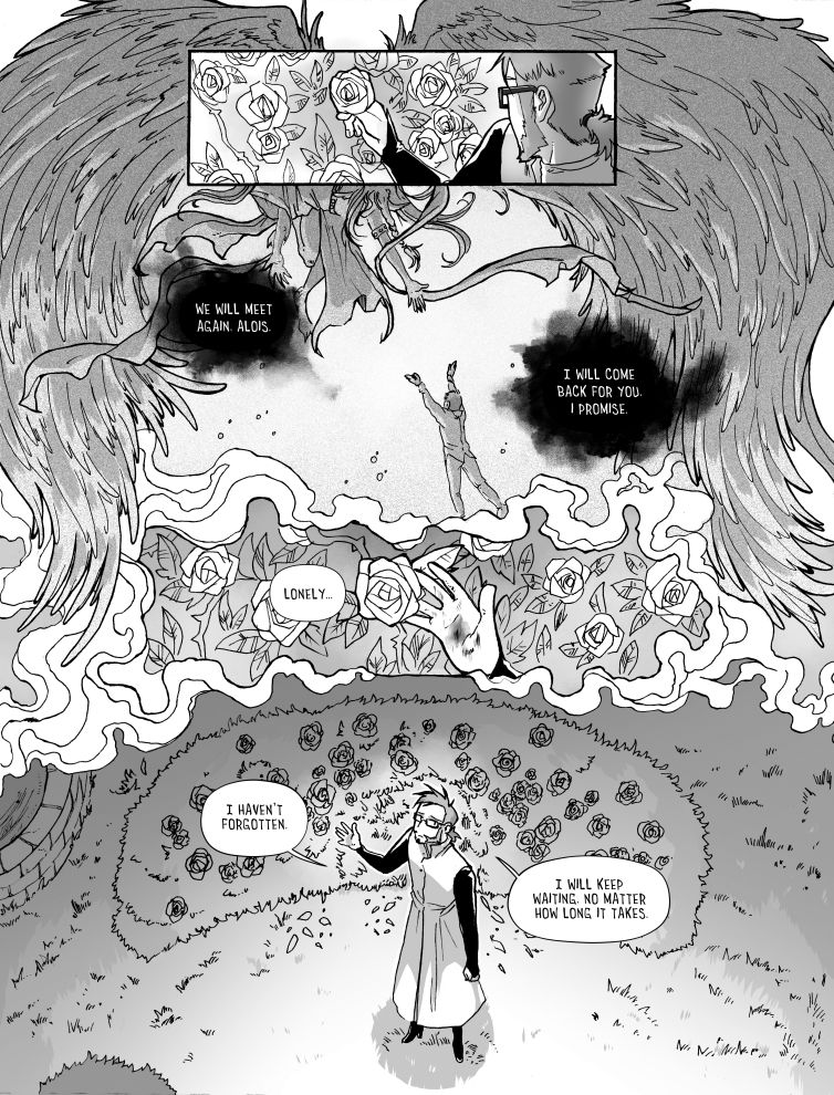 a comic page featuing a character being greeted by an angelic creature and looking to the sky
