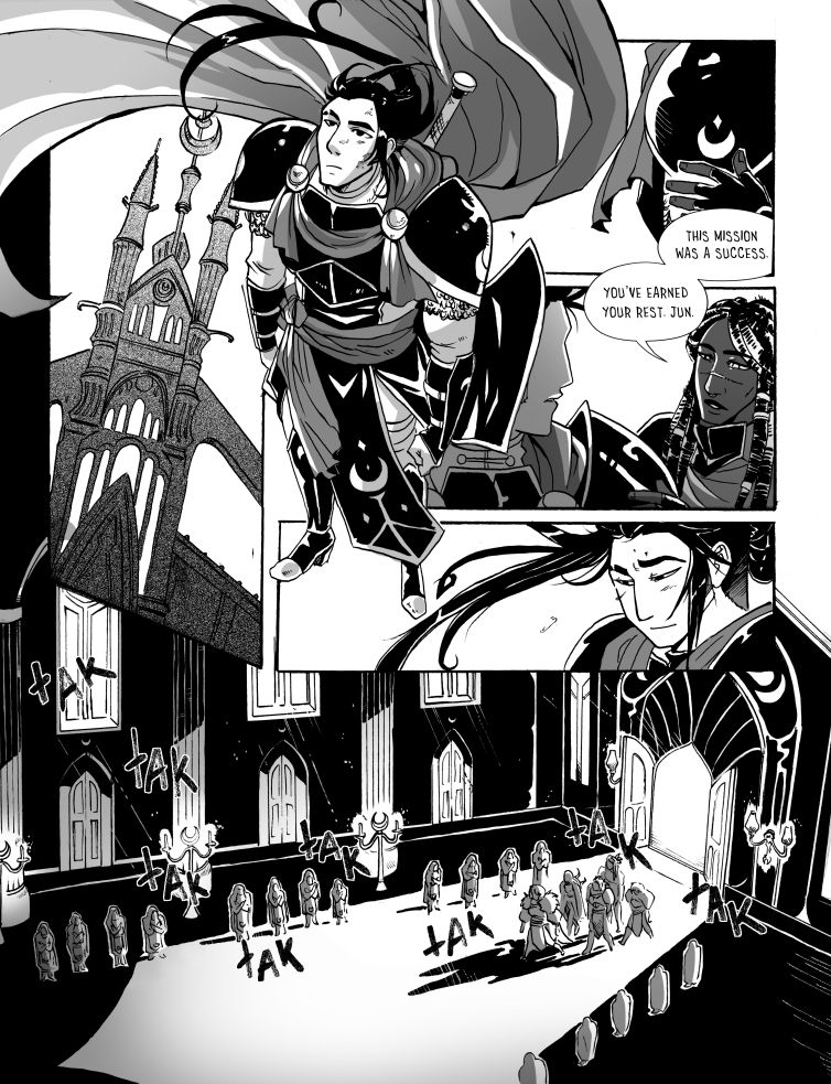 a comic spread of characters looking up and then entering a large building