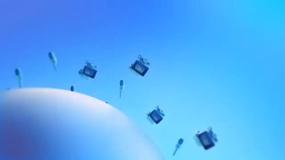 a bunch of microphones are falling from the sky in a blue background .