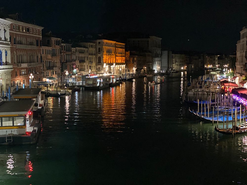 View of the Grand Canal off the Rialto Bridge at night