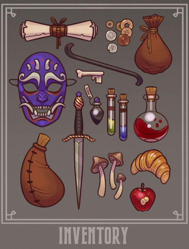 Character inventory for a rogue - contains a leather bound scroll, coins of various shapes and colors along with a leather pouch to keep it in, a blue oni-style mask for disguise, a pry-bar and skeleton key, various magical potions in different flask shapes and colors, some food (croissant and half eaten apple) along with mushrooms, a long gold and black dagger with a silver blade, and a leather water skin that may or may not be filled with water.