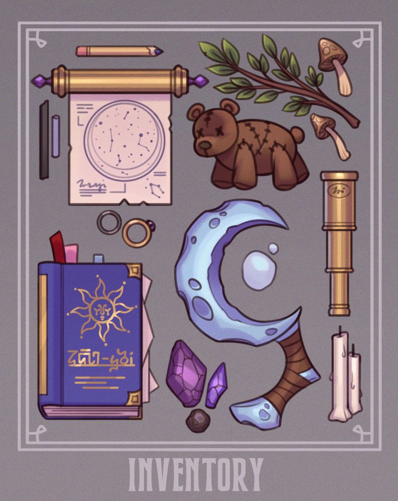Character inventory for a druid of the stars - contains a scroll with a constellation chart, pencil, two magical rings, a book on astronomy, some magical crystals, a stuffed bear, a sprig of leaves and mushrooms, a telescope, candles and a large moon-shaped scythe.
