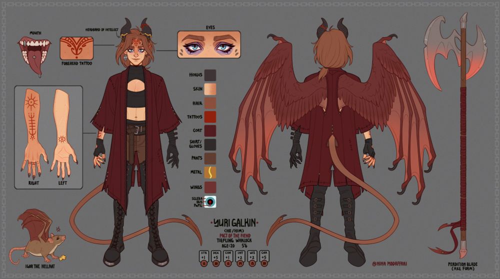 Reference sheet of a Dungeons and Dragons character, Yuri Galkin. Reference sheet contains a front and back view, hand callout, weapon callout, mouth and tattoo callouts. Yuri is a tiefling warlock with peach-colored skin that gradients to a darker red in some areas. He has black horns and a long, spade-like tail. He has a pair of wings that are both feathered and bat-like. He wears a tight black top with a hole cut in the center, revealing his chest beneath. His pants are brown leather with a belt and black sash beneath. He wears thigh-high boots with silver rivets and black laces. He wears two gloves, one longer and the other shorter. His fingernails are long and black and pointed.