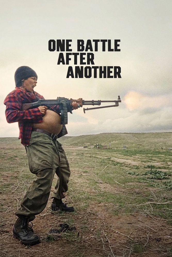 Film poster for one battle after another with a pregnant woman firing a machine gun. 