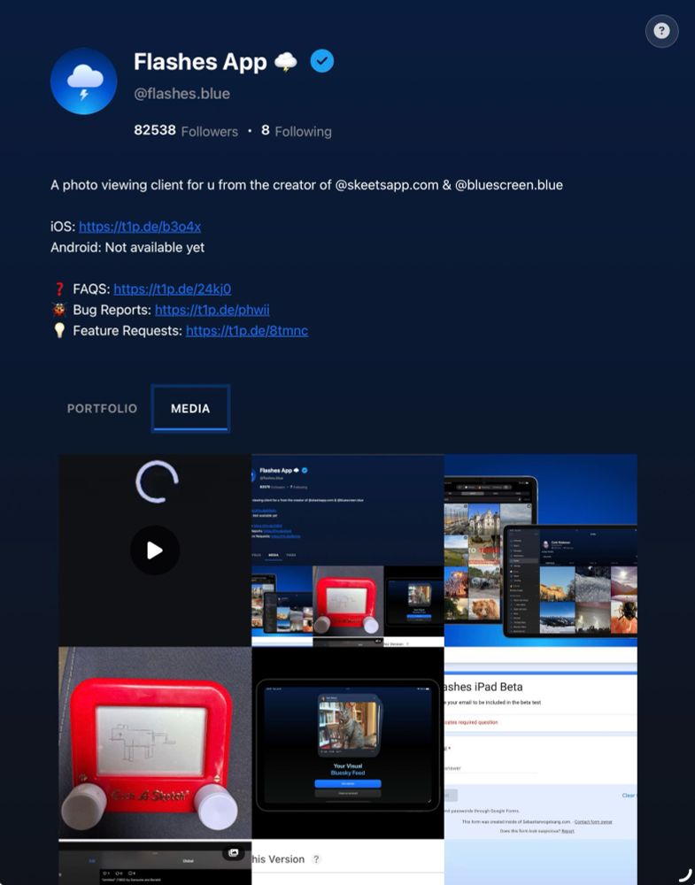 A screenshot of the flashes web profile under