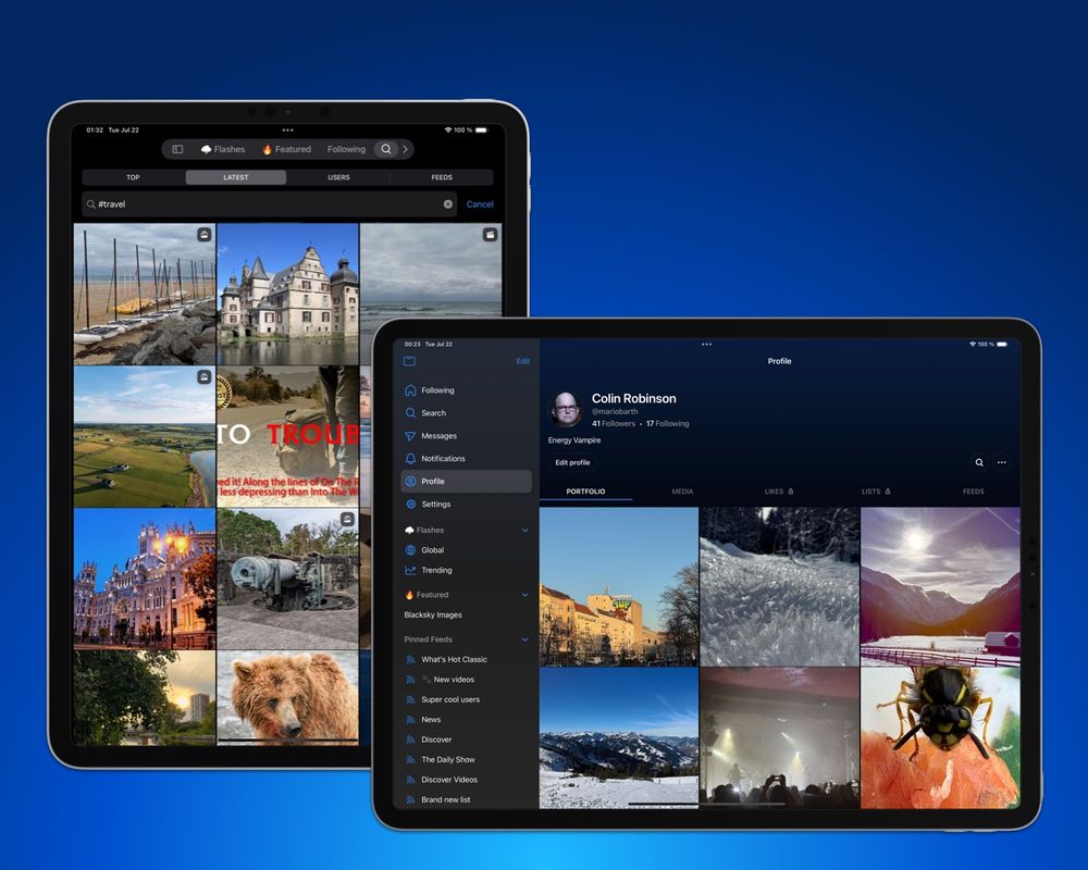 two iPads, one in portrait, one in landscape, which both show the flashes app running