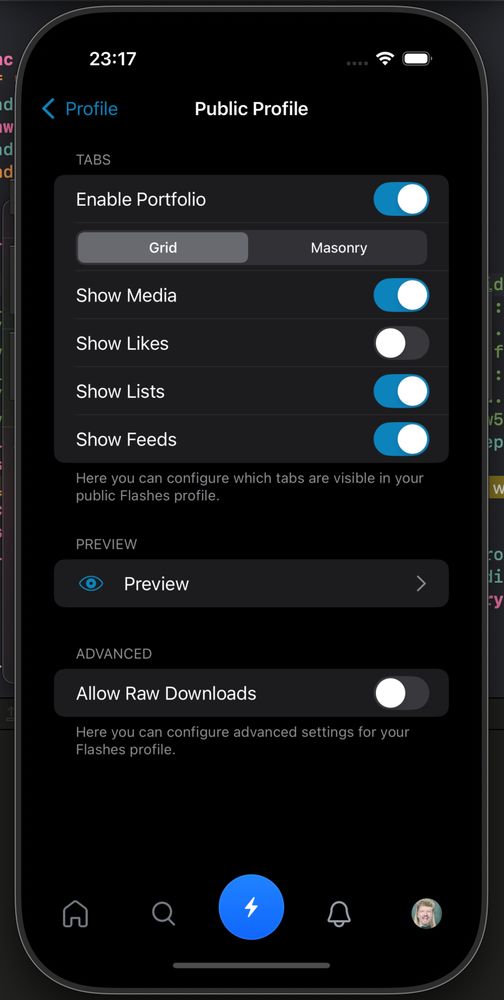 a screenshot of the new configuration screen within Flashes in which you can configure how others see your profile