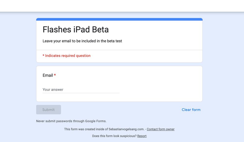 Screenshot of the Flashes iPad Beta signup