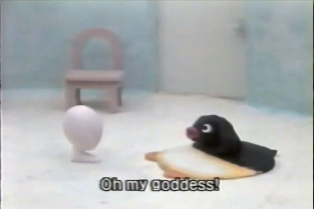 Pingu praying to the Egg Goddess