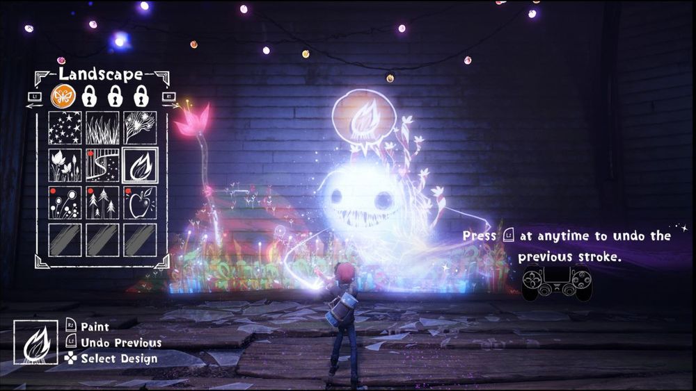 The main character Ash is painting the wall of the lighthouse - the paint genie Luna is asking for a campfire to be painted next to her