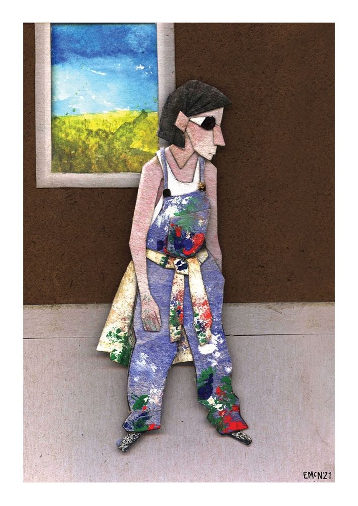 Cut out illustration of an artist in paint covered overalls